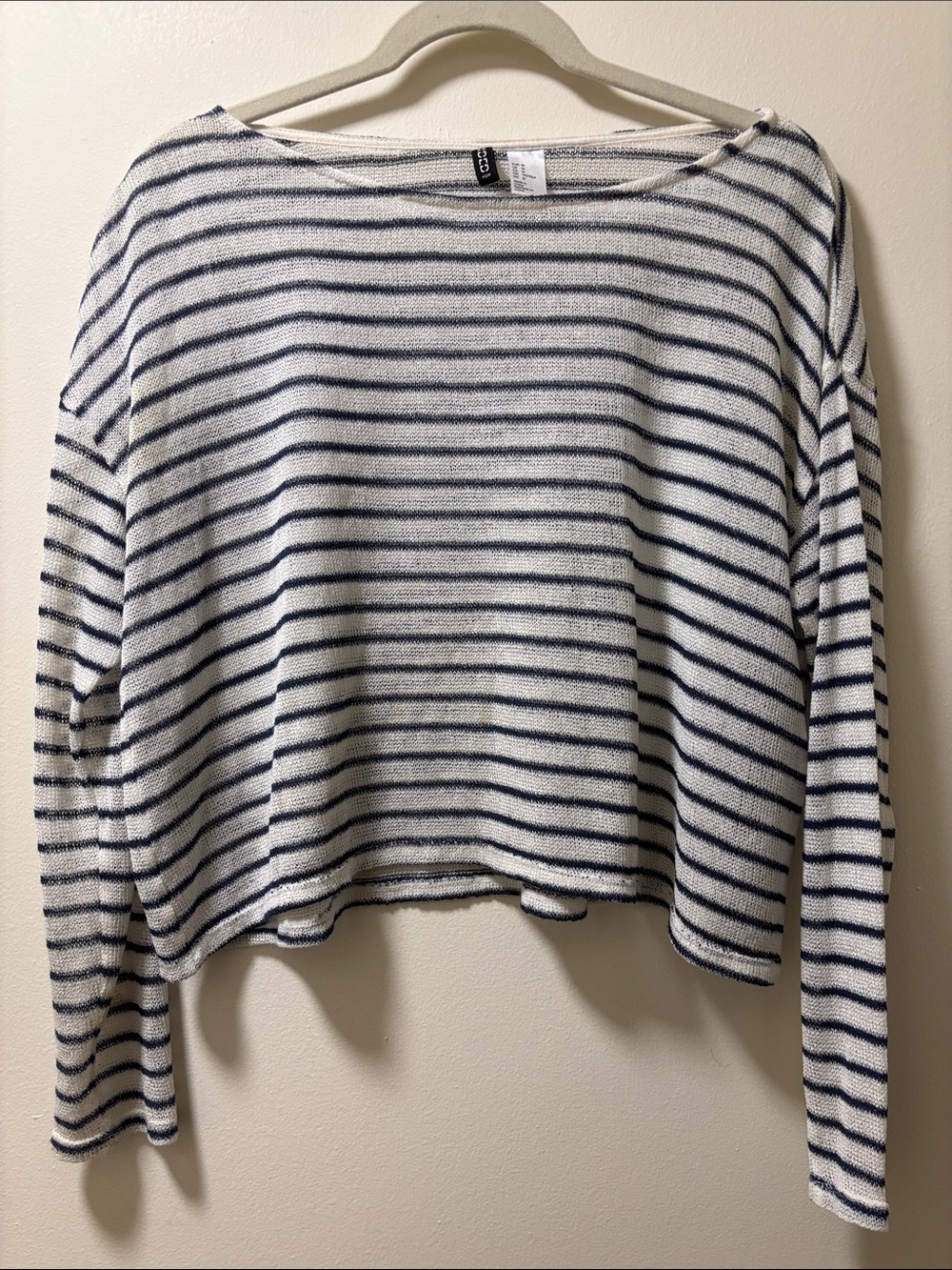 Divided White and Navy Striped Boatneck Cropped Sweater
